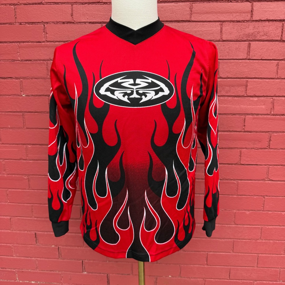 Vtg 90s MTX Motocross‎ Jersey Mens Small Flame Long Sleeve Racing Shirt AOP Red